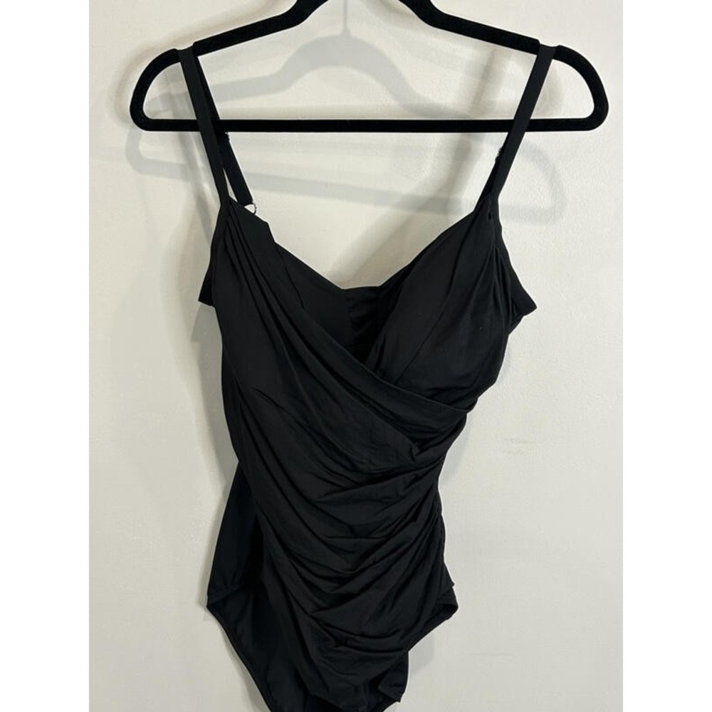 Jantzen Womens Solid Black One Piece Wrap Front Adjustable Swimsuit 12